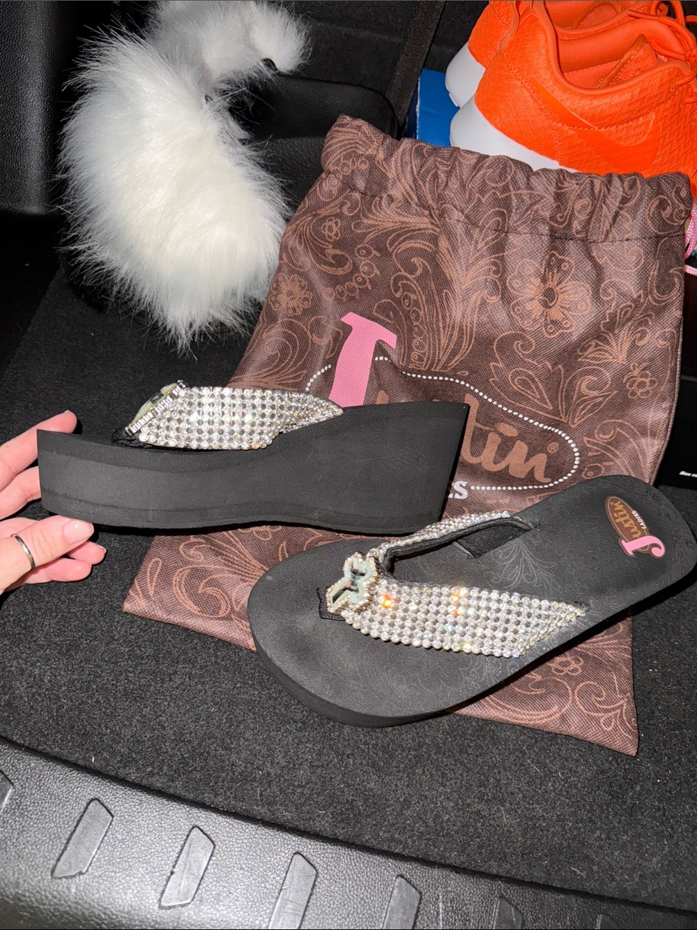 Justin Boots Black Wedge Sandals with Crystal-Strap Thong